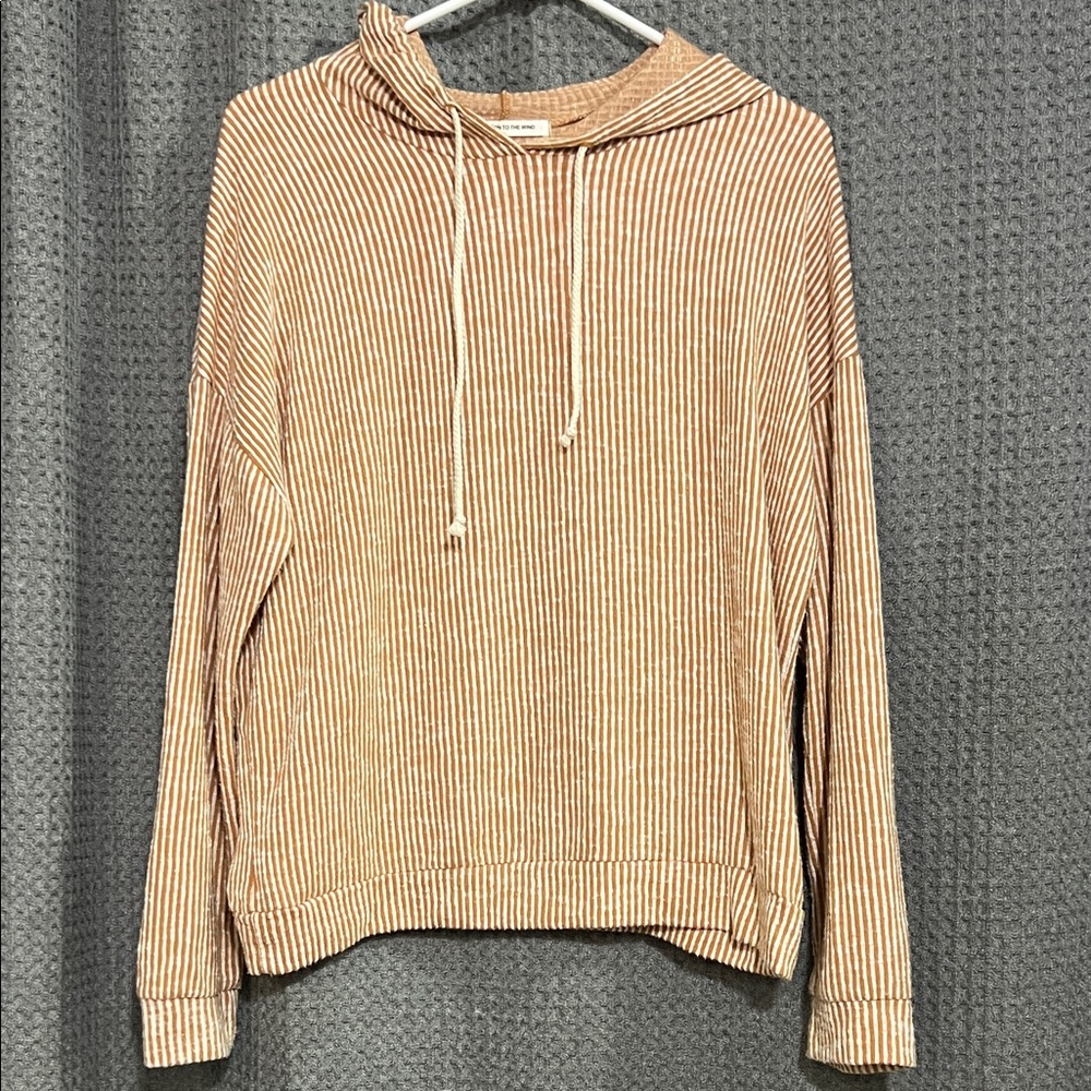 Striped Drawstring Hoodie in burnt orange and cream. Thin, soft, and roomy.